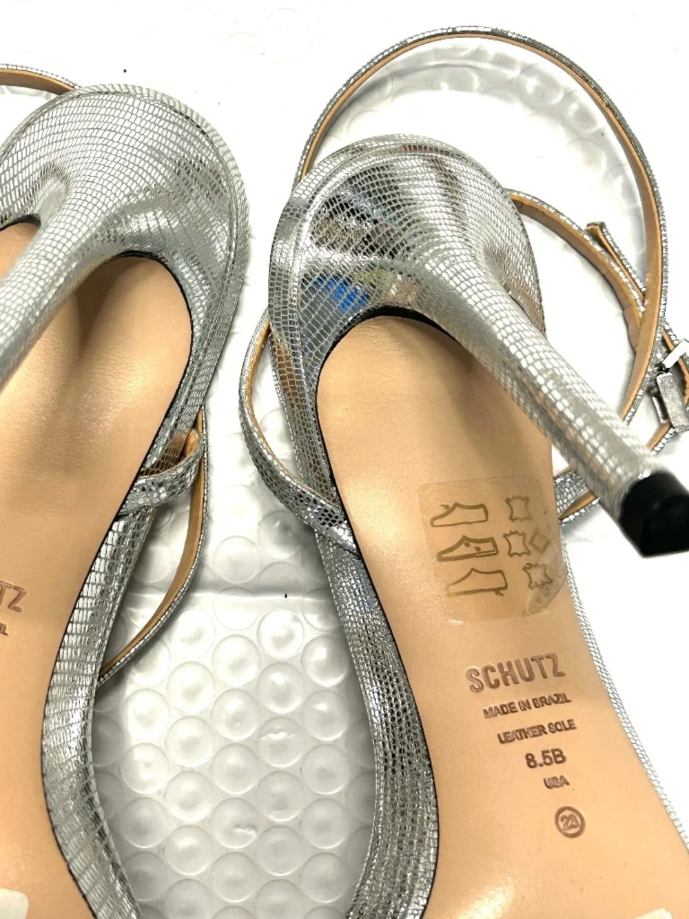 SCHUTZ Silver Metallic Straps Sandals Square Toe Stiletto Heels 3.5-4 Sz 8.5
